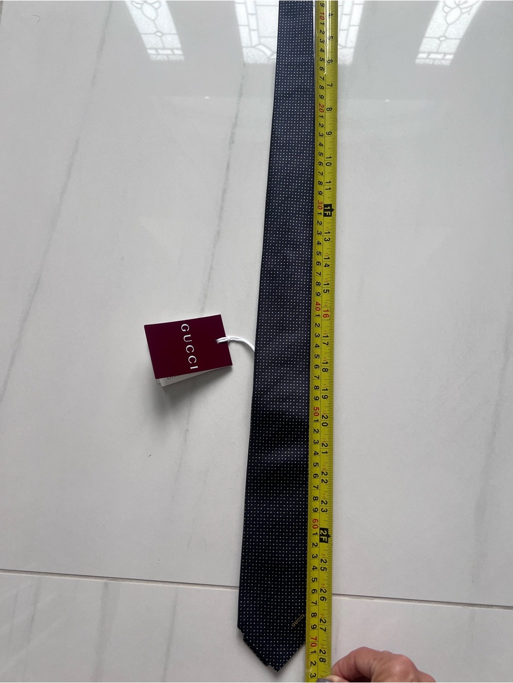 NWT Gucci Navy Silk Tie Gudots with Small White Microdots - Picture 9 of 9